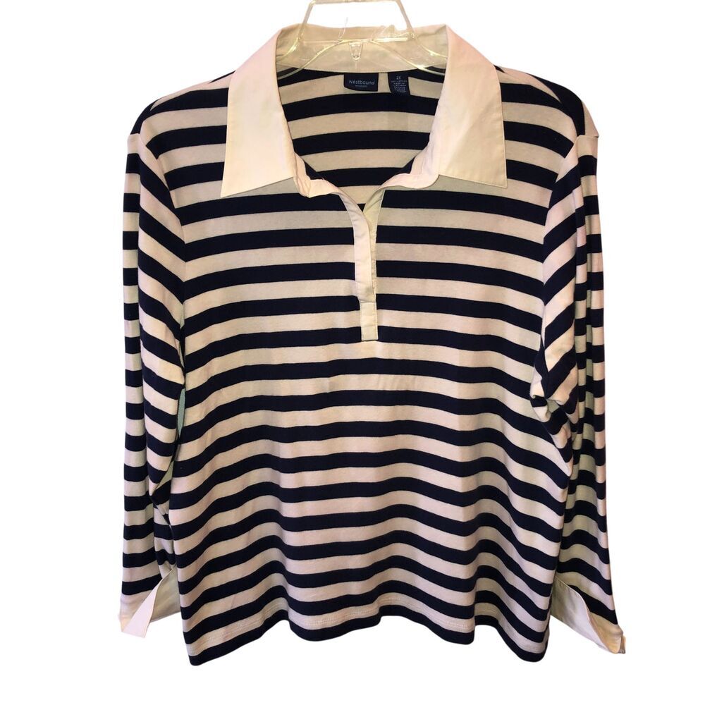 Westbound Womens Size 2X Blue Cream Striped Long Sleeve Collared Polo Shirt Top
